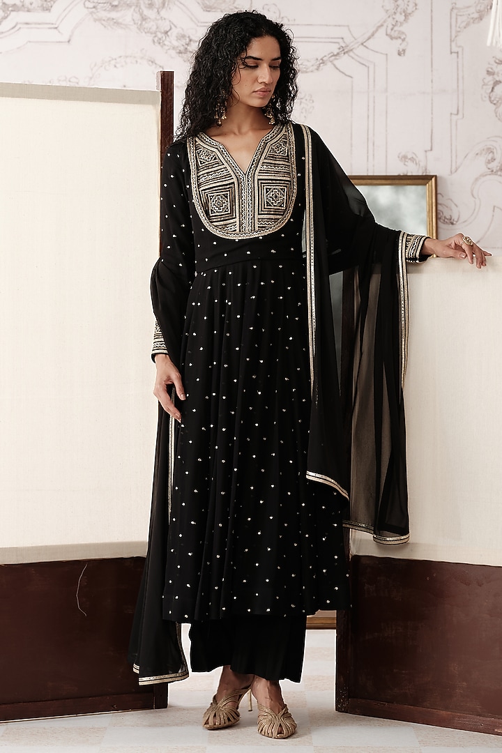 Black Viscose Georgette Sequins Embroidered Party Wear Anarkali Set by Basanti - Kapde aur Koffee at Pernia's Pop Up Shop