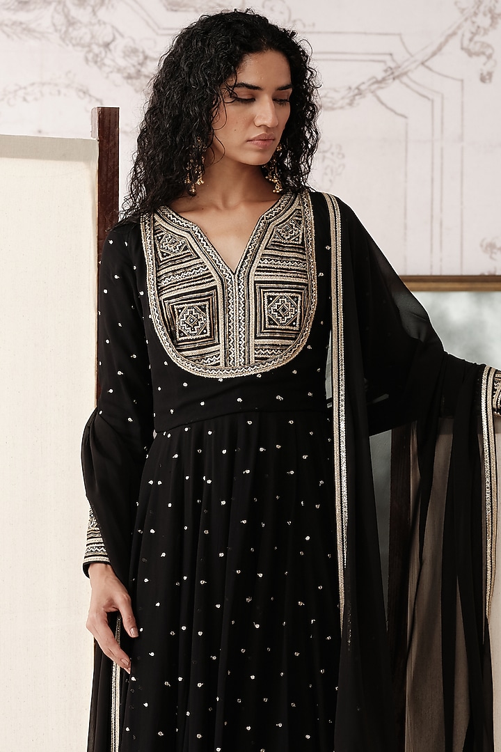 Black Viscose Georgette Sequins Embroidered Party Wear Anarkali Set by Basanti - Kapde aur Koffee at Pernia's Pop Up Shop