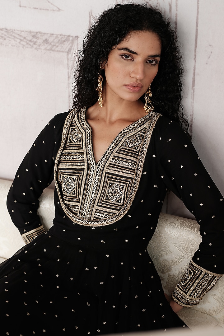 Black Viscose Georgette Sequins Embroidered Party Wear Anarkali Set by Basanti - Kapde aur Koffee at Pernia's Pop Up Shop