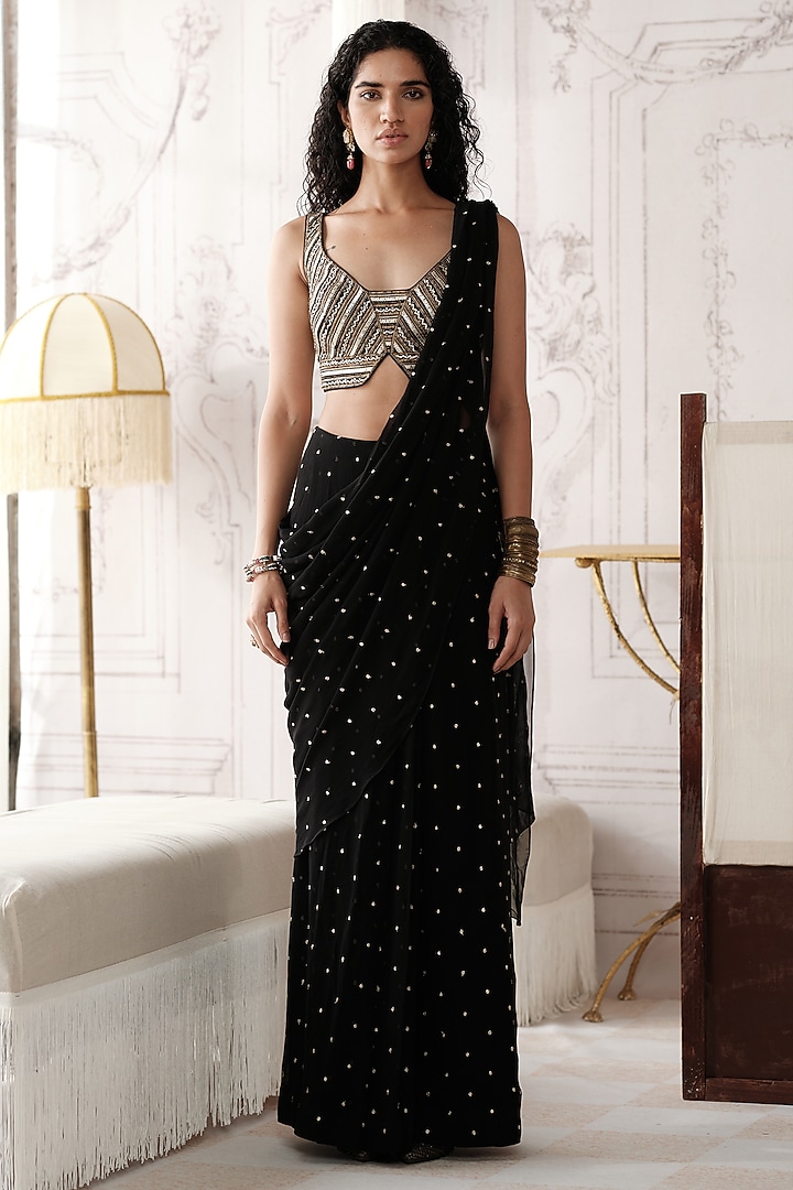 Black Viscose Georgette Draped Party Wear Saree Set by Basanti - Kapde aur Koffee at Pernia's Pop Up Shop
