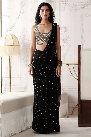 Black Viscose Georgette Draped Saree Set by Basanti - Kapde aur Koffee