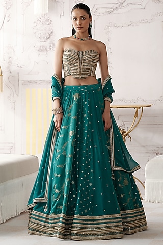 Green Banarasi Silk Gota Lace Embroidered Lehenga Set by Basanti - Kapde aur Koffee