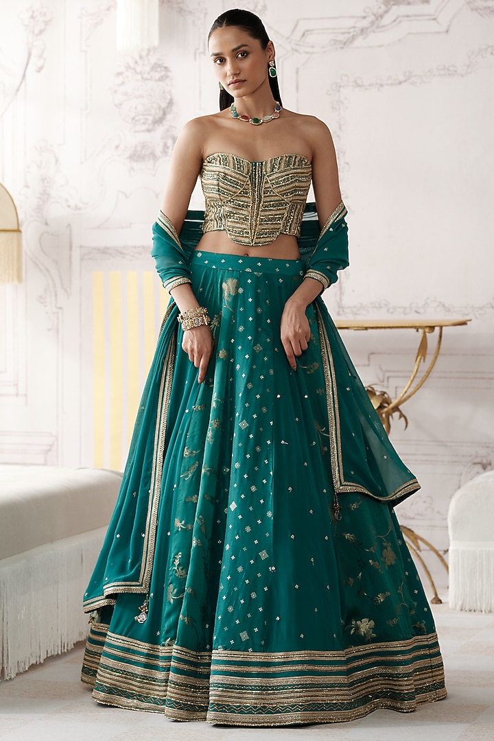 Green Banarasi Silk Gota Lace Embroidered Wedding Lehenga Set by Basanti - Kapde aur Koffee at Pernia's Pop Up Shop