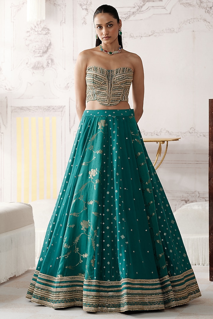 Green Banarasi Silk Gota Lace Embroidered Wedding Lehenga Set by Basanti - Kapde aur Koffee at Pernia's Pop Up Shop