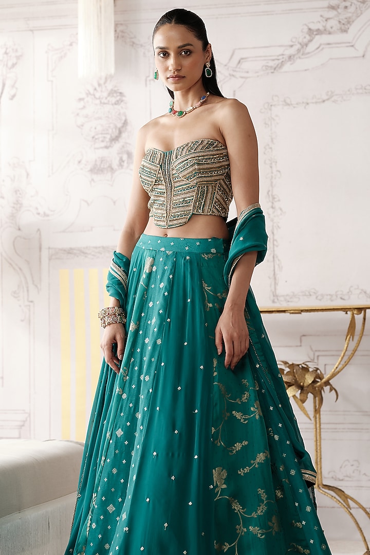 Green Banarasi Silk Gota Lace Embroidered Wedding Lehenga Set by Basanti - Kapde aur Koffee at Pernia's Pop Up Shop