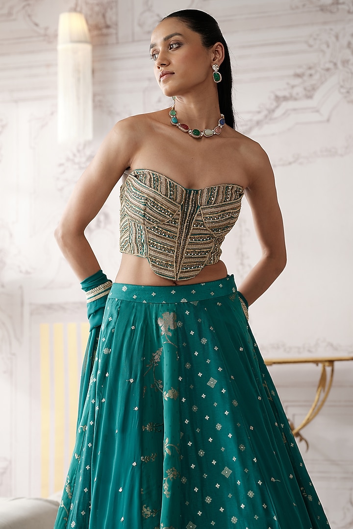 Green Banarasi Silk Gota Lace Embroidered Wedding Lehenga Set by Basanti - Kapde aur Koffee at Pernia's Pop Up Shop