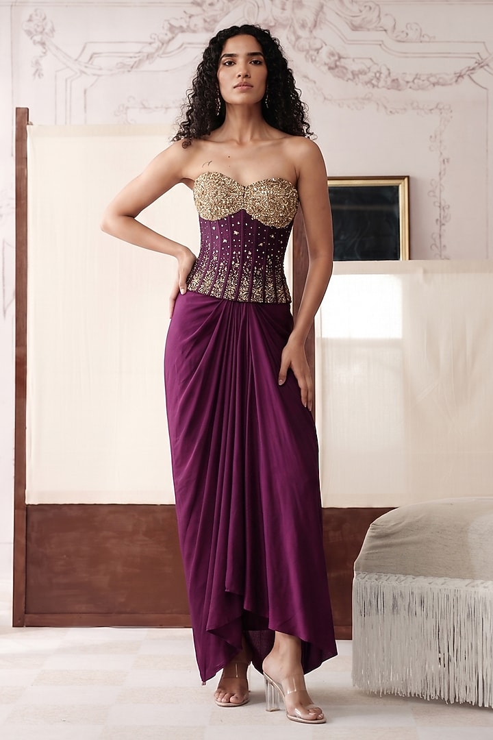 Purple Silk Sequins & Swarovski Embroidered Draped Skirt Set by Basanti - Kapde aur Koffee at Pernia's Pop Up Shop