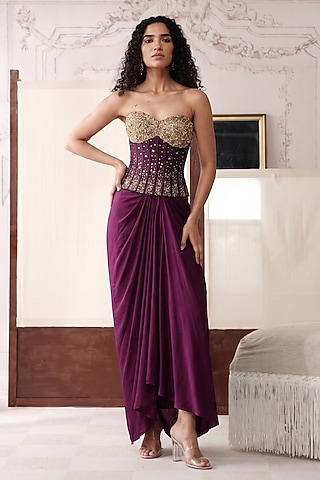 Purple Silk Sequins & Swarovski Embroidered Draped Skirt Set by Basanti - Kapde aur Koffee