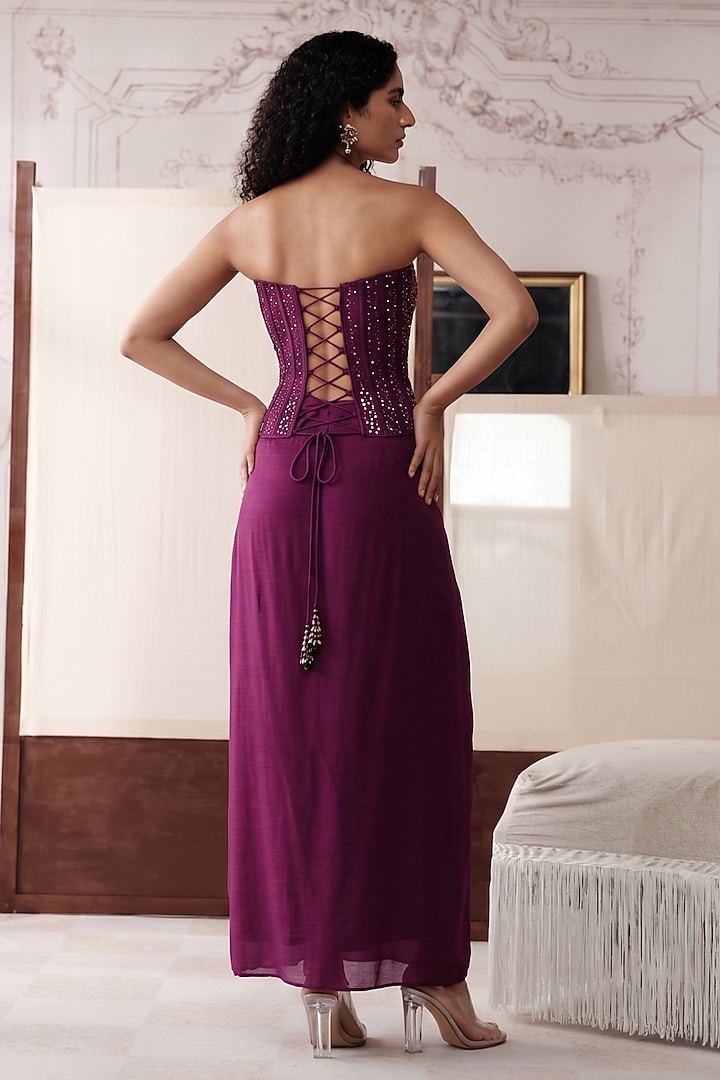 Purple Silk Sequins & Swarovski Embroidered Draped Skirt Set by Basanti - Kapde aur Koffee at Pernia's Pop Up Shop