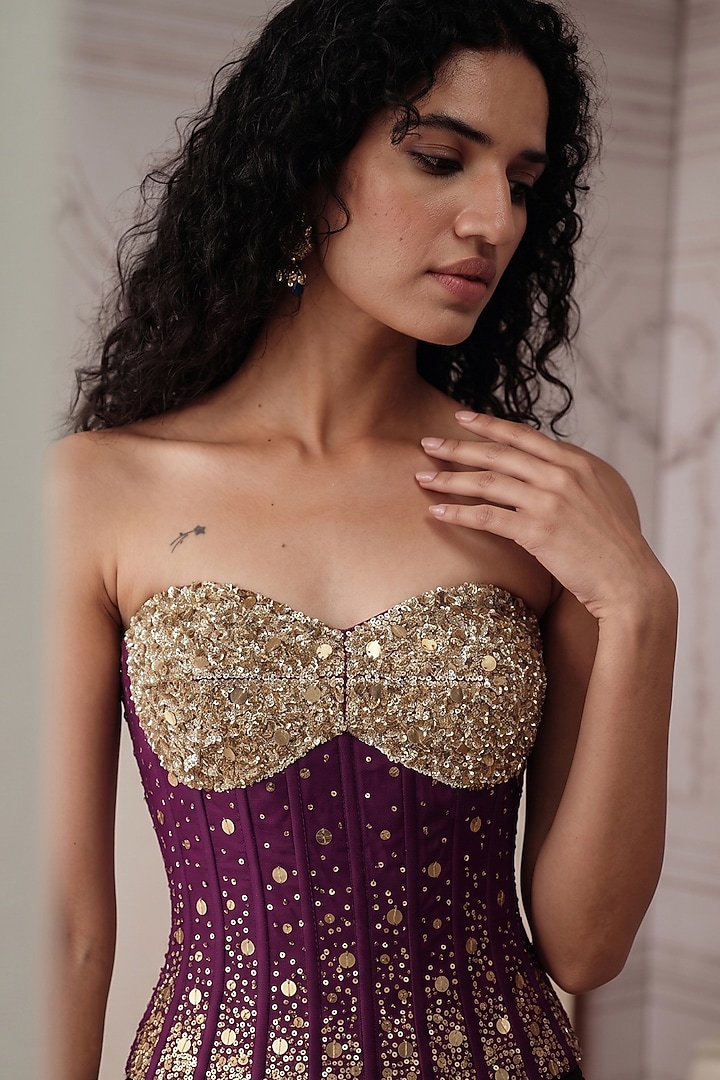 Purple Silk Sequins & Swarovski Embroidered Draped Skirt Set by Basanti - Kapde aur Koffee at Pernia's Pop Up Shop