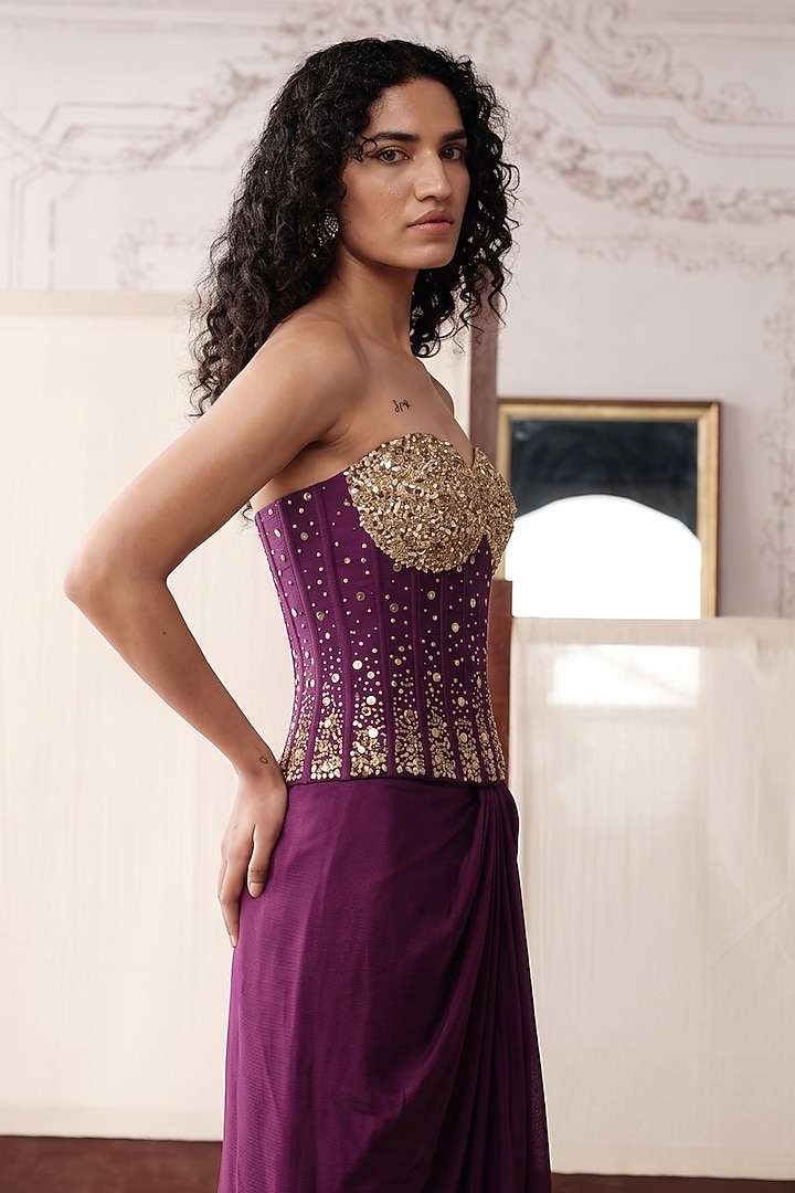 Purple Silk Sequins & Swarovski Embroidered Draped Skirt Set by Basanti - Kapde aur Koffee at Pernia's Pop Up Shop