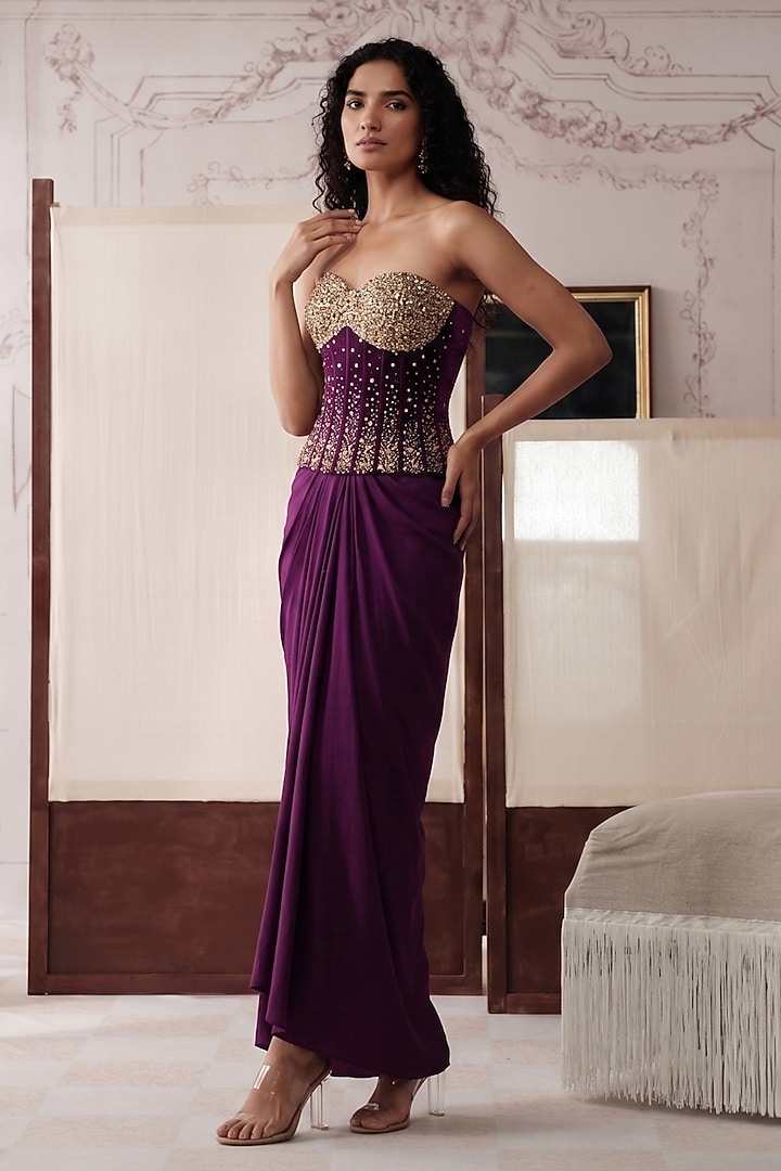 Purple Silk Sequins & Swarovski Embroidered Draped Skirt Set by Basanti - Kapde aur Koffee at Pernia's Pop Up Shop