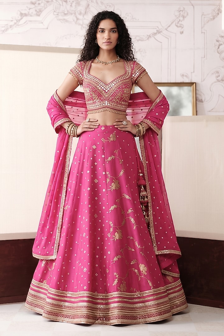 Pink Banarasi Silk Mirror Embroidered Wedding Lehenga Set by Basanti - Kapde aur Koffee at Pernia's Pop Up Shop