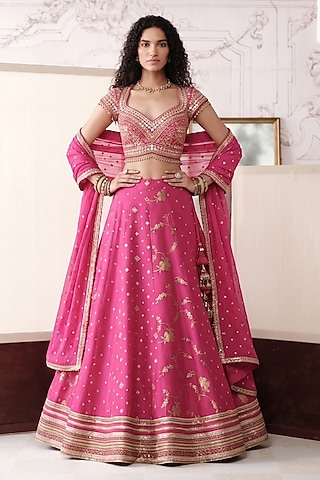 Pink Banarasi Silk Mirror Embroidered Lehenga Set by Basanti - Kapde aur Koffee