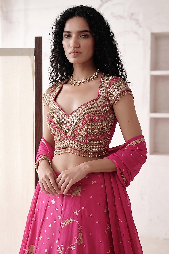 Pink Banarasi Silk Mirror Embroidered Wedding Lehenga Set by Basanti - Kapde aur Koffee at Pernia's Pop Up Shop