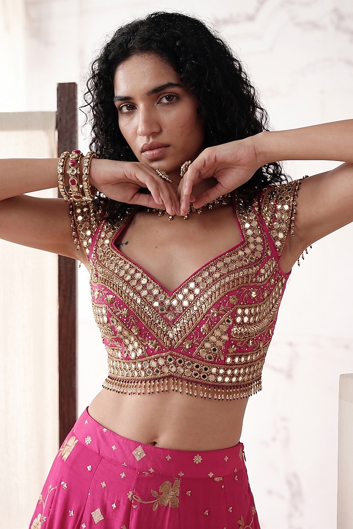Pink Banarasi Silk Mirror Embroidered Wedding Lehenga Set by Basanti - Kapde aur Koffee at Pernia's Pop Up Shop
