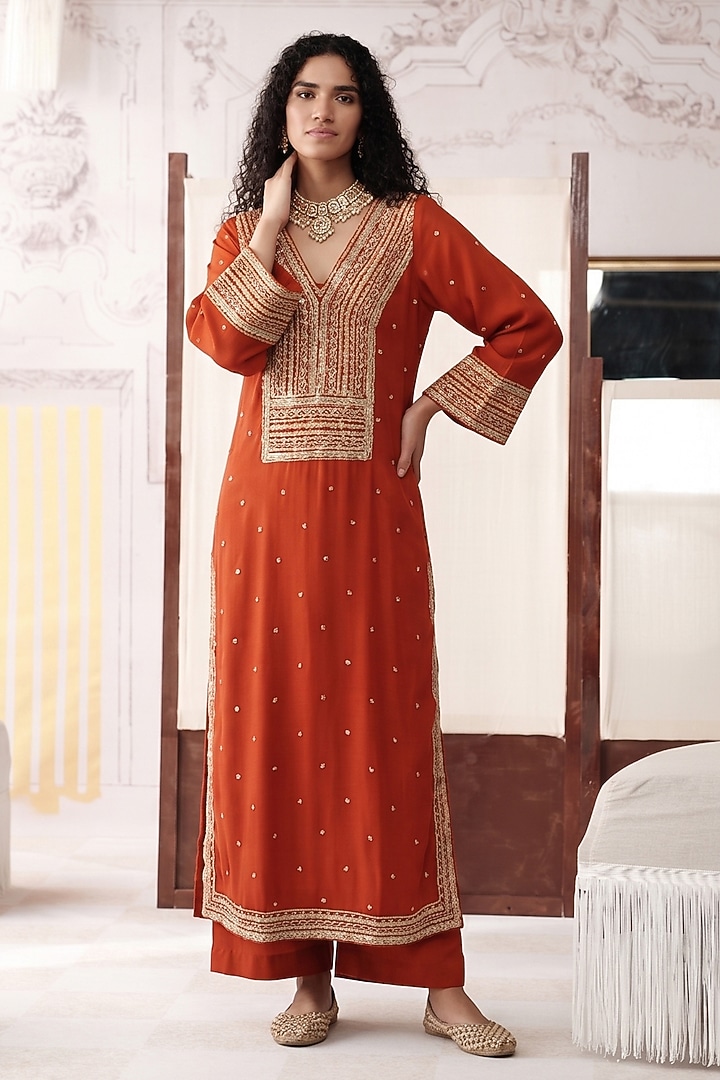 Orange Viscose Georgette Sequins Embroidered Kurta Set by Basanti - Kapde aur Koffee at Pernia's Pop Up Shop