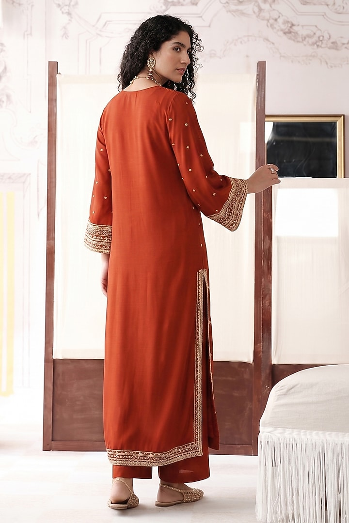Orange Viscose Georgette Sequins Embroidered Kurta Set by Basanti - Kapde aur Koffee at Pernia's Pop Up Shop
