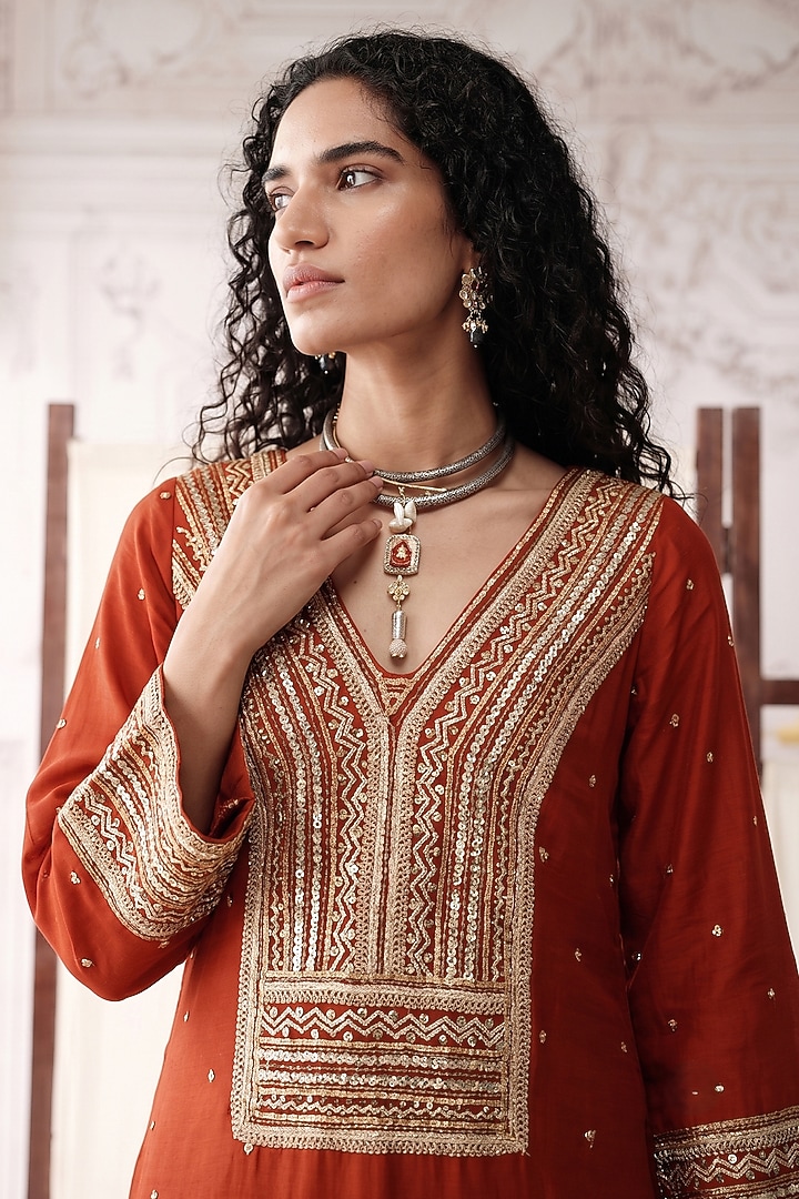 Orange Viscose Georgette Sequins Embroidered Kurta Set by Basanti - Kapde aur Koffee at Pernia's Pop Up Shop