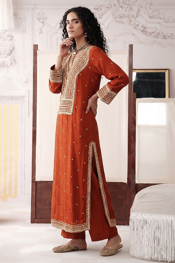 Orange Viscose Georgette Sequins Embroidered Kurta Set by Basanti - Kapde aur Koffee at Pernia's Pop Up Shop