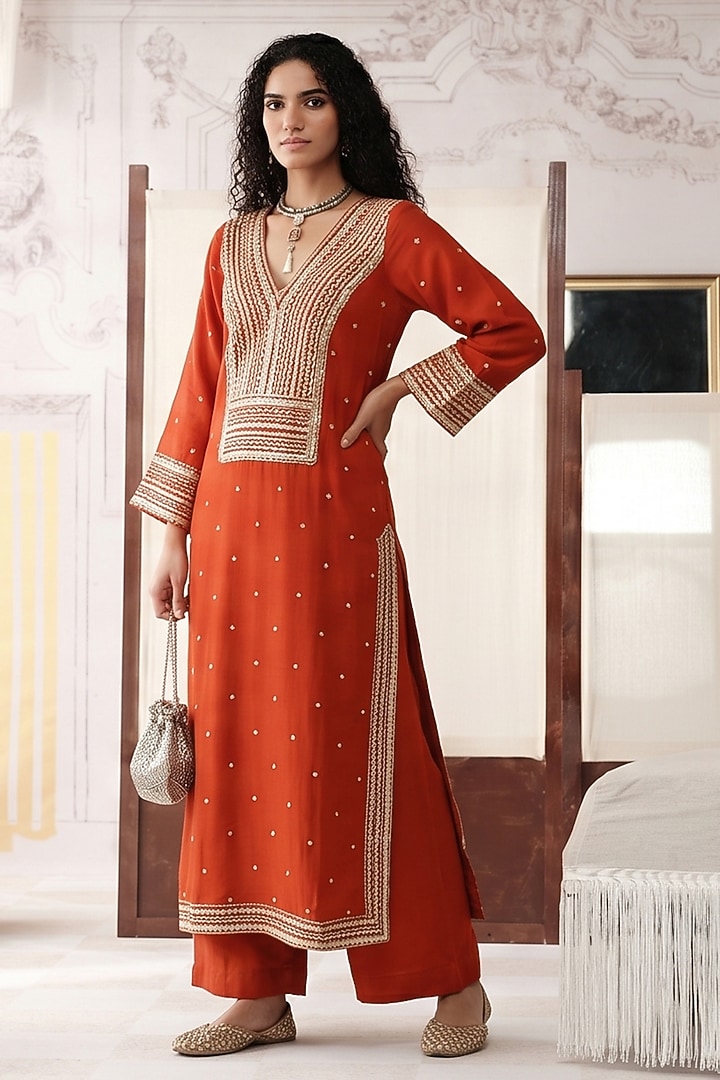 Orange Viscose Georgette Sequins Embroidered Kurta Set by Basanti - Kapde aur Koffee at Pernia's Pop Up Shop