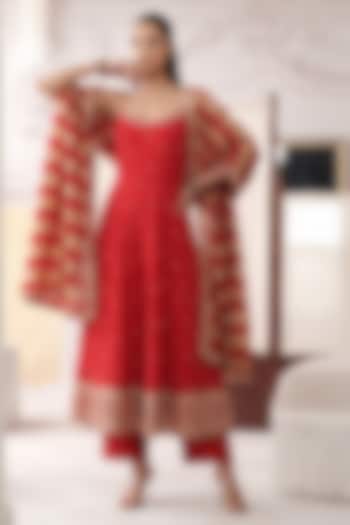 Red Viscose Georgette Sequins Embroidered Party Wear Anarkali Set by Basanti - Kapde aur Koffee at Pernia's Pop Up Shop