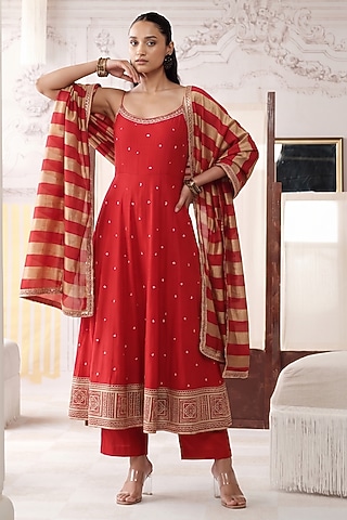 Red Viscose Georgette Sequins Embroidered Anarkali Set by Basanti - Kapde aur Koffee