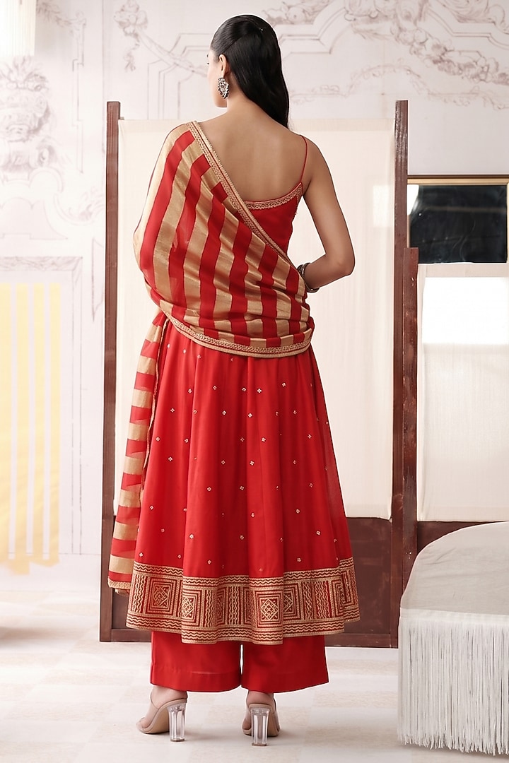 Red Viscose Georgette Sequins Embroidered Party Wear Anarkali Set by Basanti - Kapde aur Koffee at Pernia's Pop Up Shop
