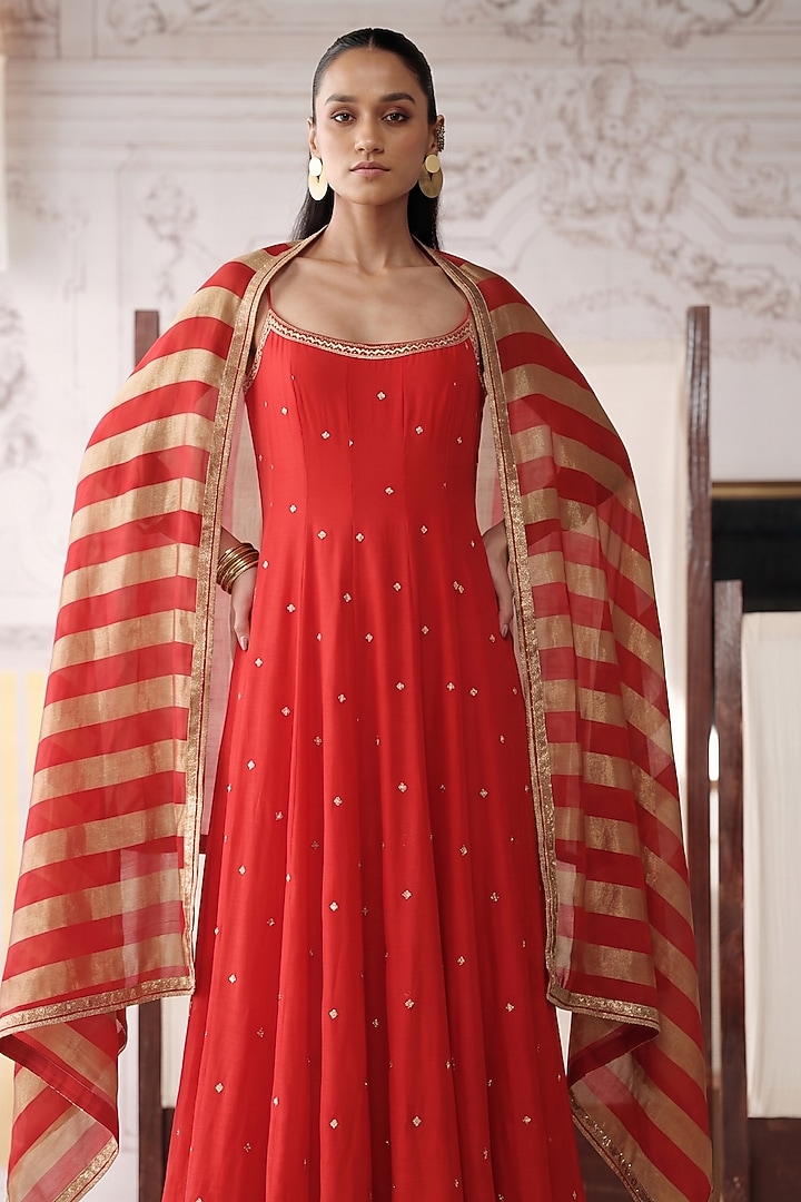 Red Viscose Georgette Sequins Embroidered Party Wear Anarkali Set by Basanti - Kapde aur Koffee at Pernia's Pop Up Shop