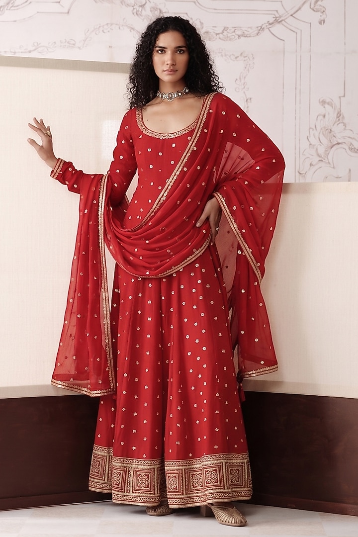 Red Viscose Georgette Sequins Embroidered Party Wear Anarkali With Dupatta by Basanti - Kapde aur Koffee at Pernia's Pop Up Shop