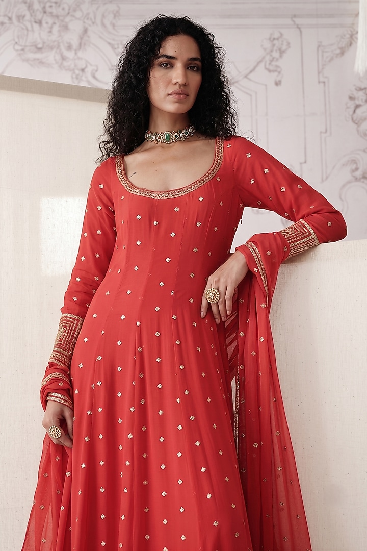 Red Viscose Georgette Sequins Embroidered Party Wear Anarkali With Dupatta by Basanti - Kapde aur Koffee at Pernia's Pop Up Shop
