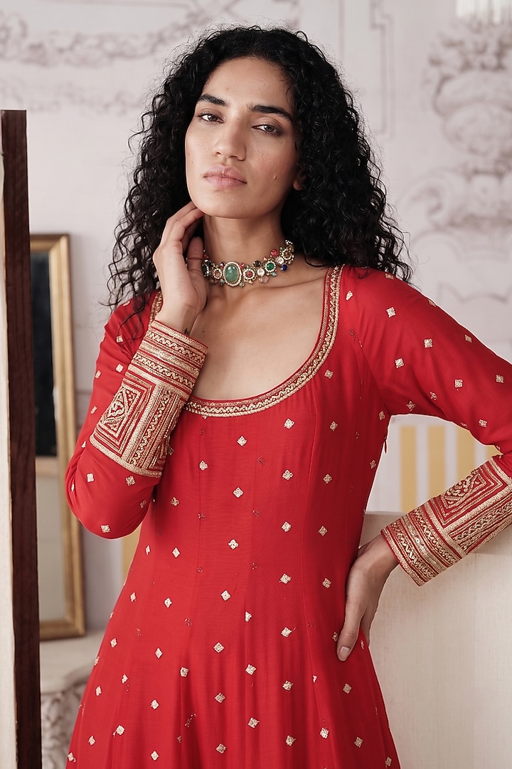 Red Viscose Georgette Sequins Embroidered Party Wear Anarkali With Dupatta by Basanti - Kapde aur Koffee at Pernia's Pop Up Shop