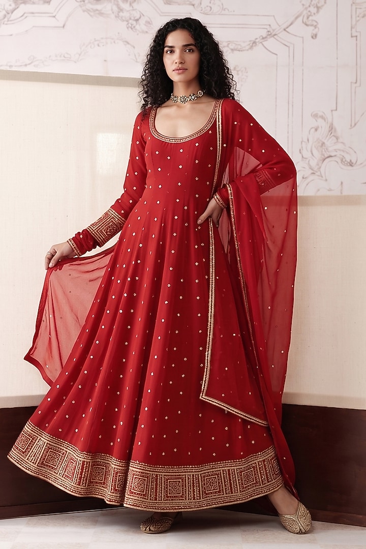 Red Viscose Georgette Sequins Embroidered Party Wear Anarkali With Dupatta by Basanti - Kapde aur Koffee at Pernia's Pop Up Shop