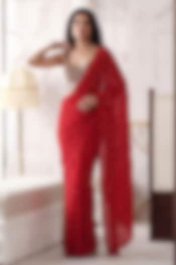 Red Viscose Georgette & Silk Sequins Embroidered Draped Party Wear Saree Set by Basanti - Kapde aur Koffee at Pernia's Pop Up Shop