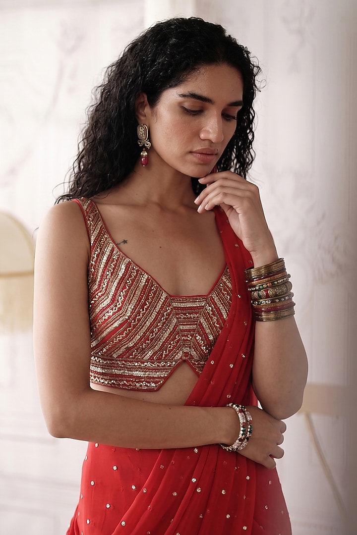 Red Viscose Georgette & Silk Sequins Embroidered Draped Party Wear Saree Set by Basanti - Kapde aur Koffee at Pernia's Pop Up Shop