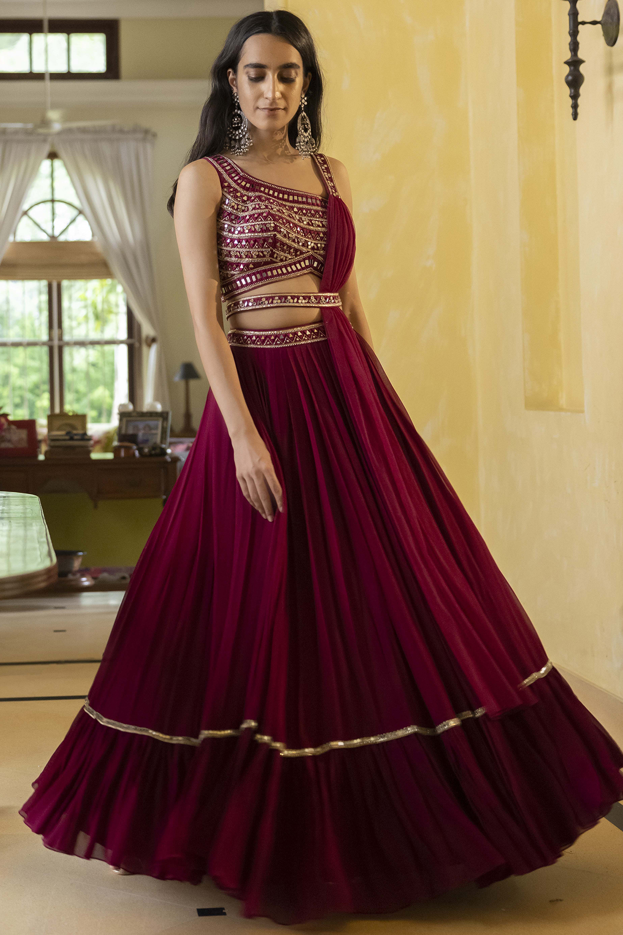 Wine Lehenga Set With Mirror Work by Basanti - Kapde aur Koffee