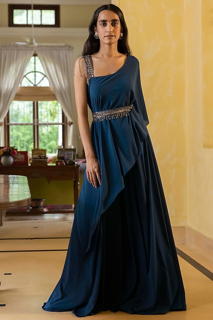 Navy Blue One-Shoulder Gown by Basanti - Kapde aur Koffee