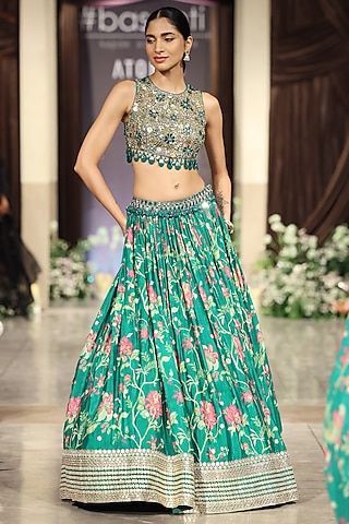 Green Chiffon Mirror Work Lehenga Set by Basanti - Kapde aur Koffee