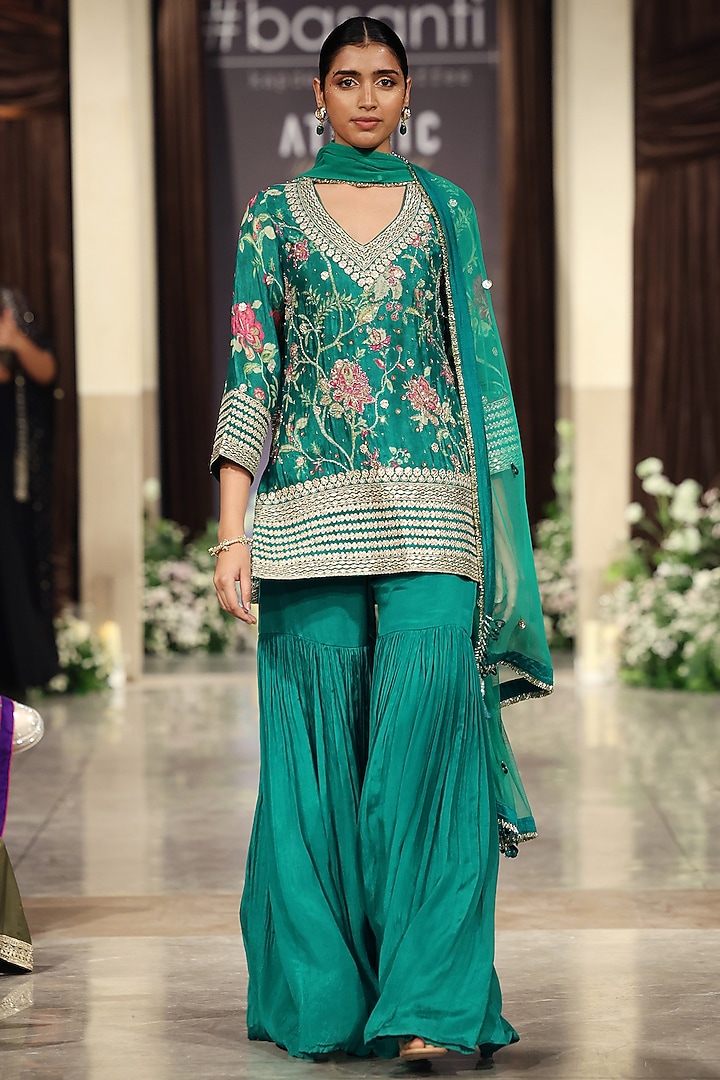 Green Chiffon Party Wear Sharara Set by Basanti - Kapde aur Koffee at Pernia's Pop Up Shop