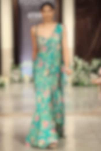 Green Chiffon Cutdana Embroidered Draped Party Wear Saree Set by Basanti - Kapde aur Koffee at Pernia's Pop Up Shop