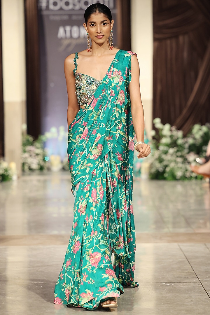 Green Chiffon Cutdana Embroidered Draped Party Wear Saree Set by Basanti - Kapde aur Koffee at Pernia's Pop Up Shop