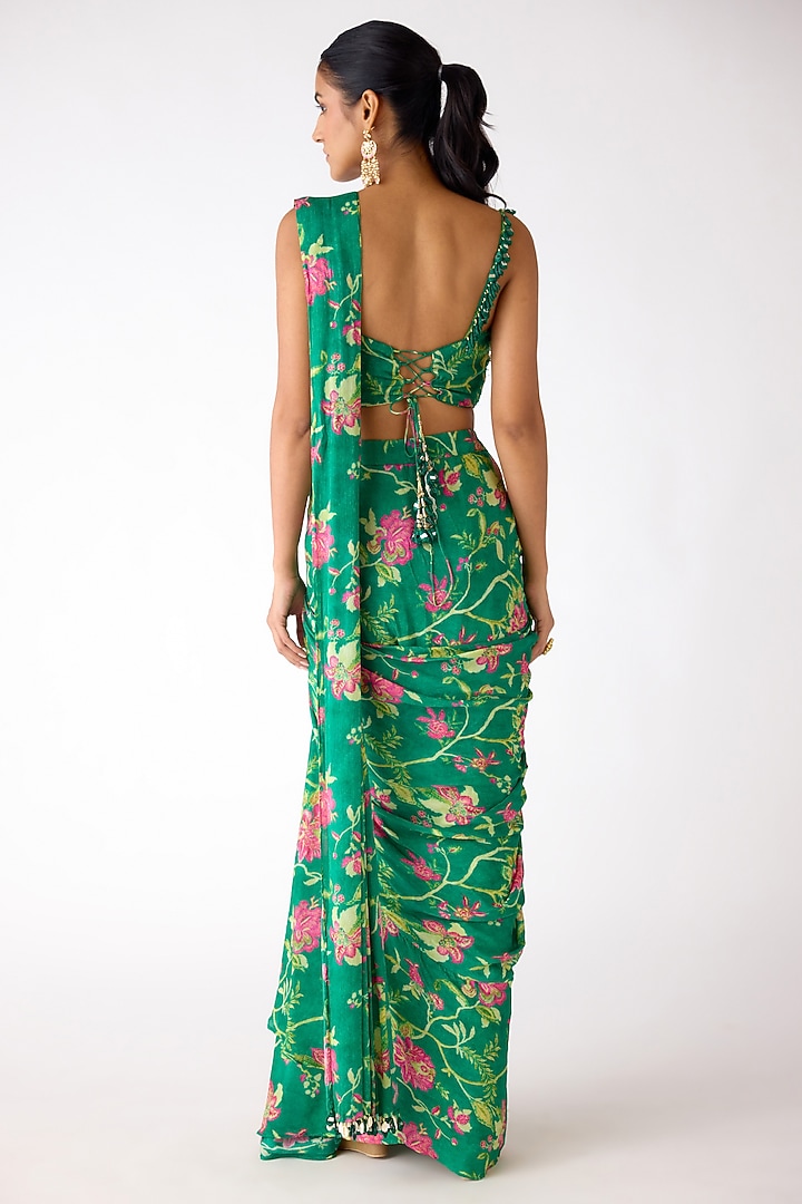 Green Chiffon Cutdana Embroidered Draped Party Wear Saree Set by Basanti - Kapde aur Koffee at Pernia's Pop Up Shop