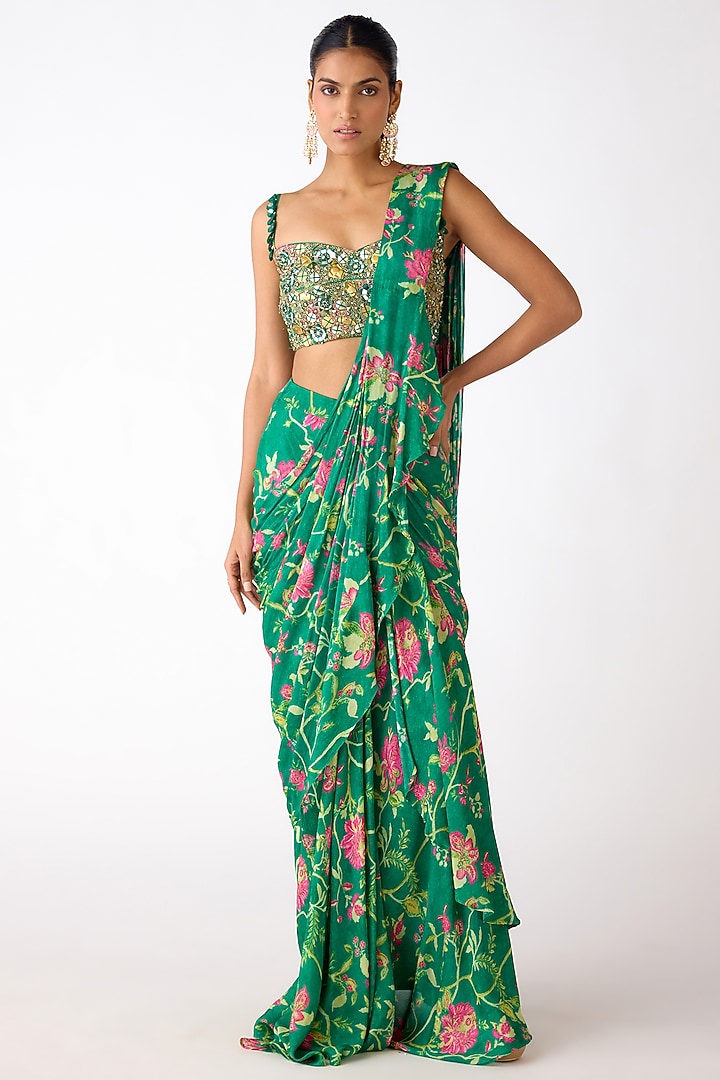 Green Chiffon Cutdana Embroidered Draped Party Wear Saree Set by Basanti - Kapde aur Koffee at Pernia's Pop Up Shop