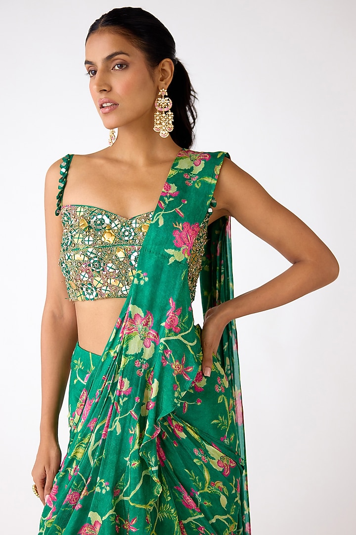 Green Chiffon Cutdana Embroidered Draped Party Wear Saree Set by Basanti - Kapde aur Koffee at Pernia's Pop Up Shop