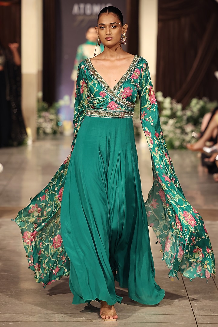 Green Chiffon Sequins Embroidered Jumpsuit by Basanti - Kapde aur Koffee at Pernia's Pop Up Shop