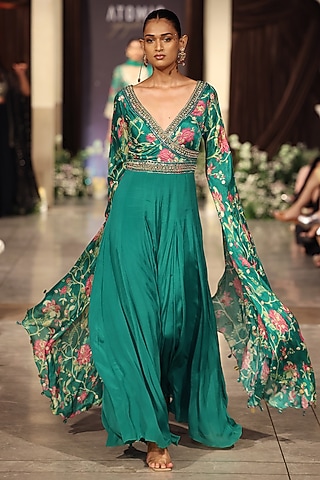 Green Chiffon Sequins Embroidered Jumpsuit by Basanti - Kapde aur Koffee