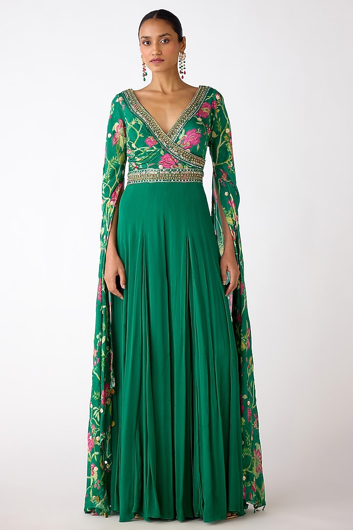 Green Chiffon Sequins Embroidered Jumpsuit by Basanti - Kapde aur Koffee at Pernia's Pop Up Shop