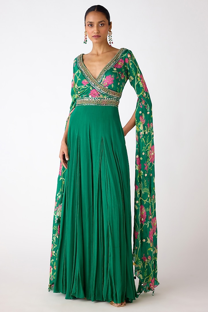 Green Chiffon Sequins Embroidered Jumpsuit by Basanti - Kapde aur Koffee at Pernia's Pop Up Shop