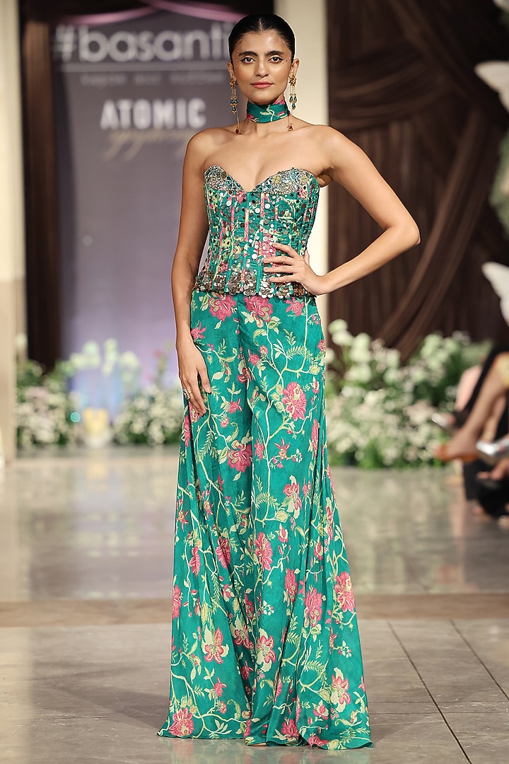 Green Chiffon Party Wear Sharara Set by Basanti - Kapde aur Koffee at Pernia's Pop Up Shop