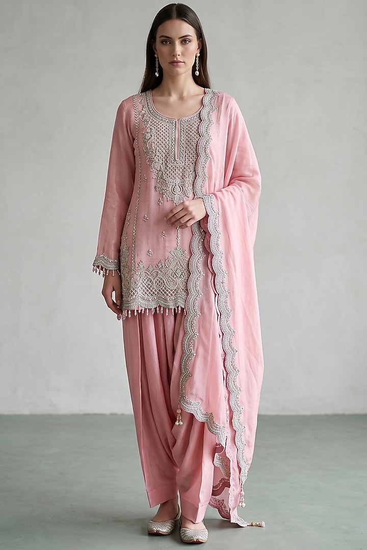 Pink Tissue Sequins Embroidered Kurta Set by Basanti - Kapde aur Koffee at Pernia's Pop Up Shop
